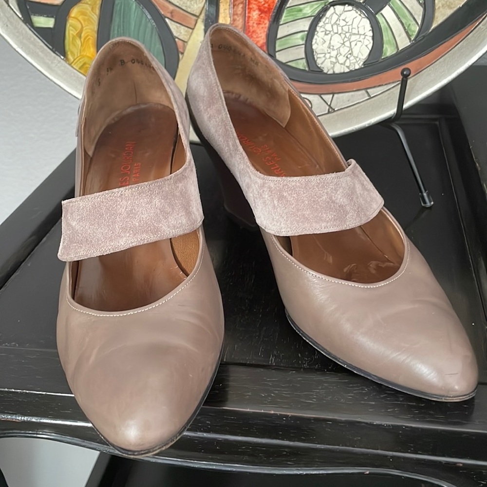 Women's Taupe Mary Jane Pumps with Suede Strap